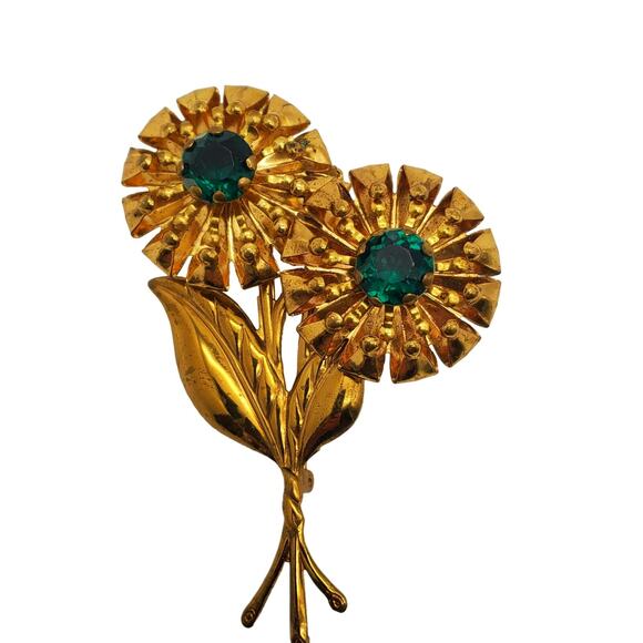 Green Rhinestone Double Flower Brooch Gold Tone Bouquet Spray Pin Large Vtg 40s - Picture 5 of 9
